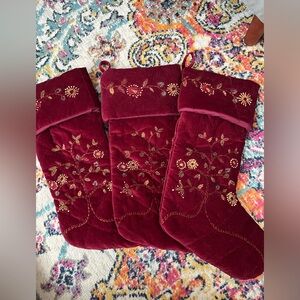 Set of 3 Pottery Barn Embroidered Red Christmas Stockings